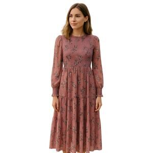 Endless Rose Mauve Floral Chiffon Maxi Dress Smocked Bodice Long Sleeve Women S